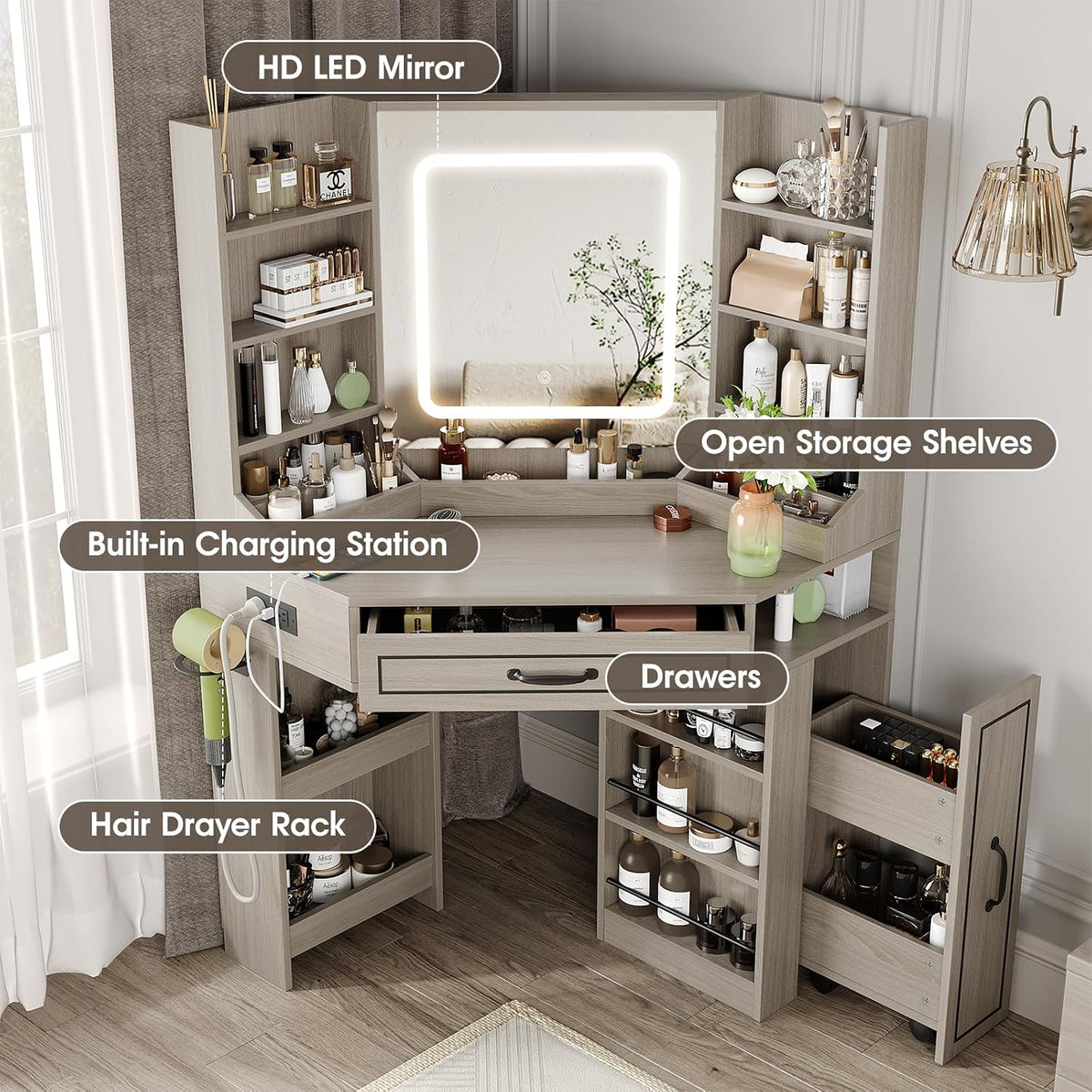 Corner Vanity Desk With LED Mirror & Charging Station