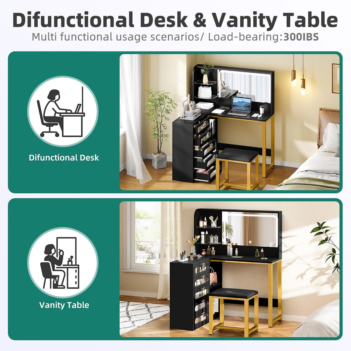 48" Vanity Desk with Light and Mirror