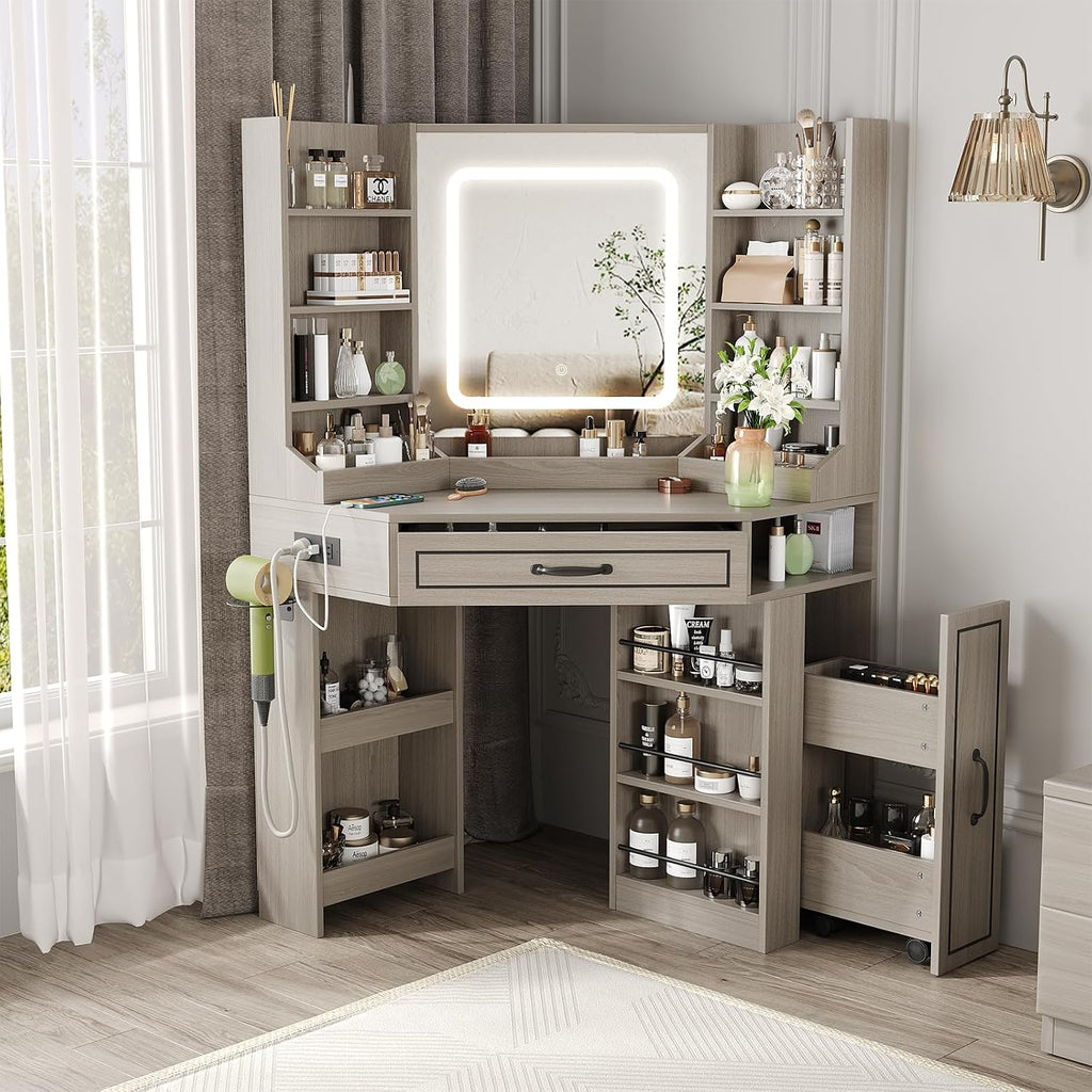 Corner Vanity Desk With LED Mirror & Charging Station