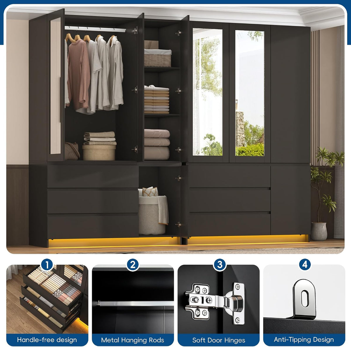75" Black LED Wardrobe with 2 Mirrors & 3 Drawers