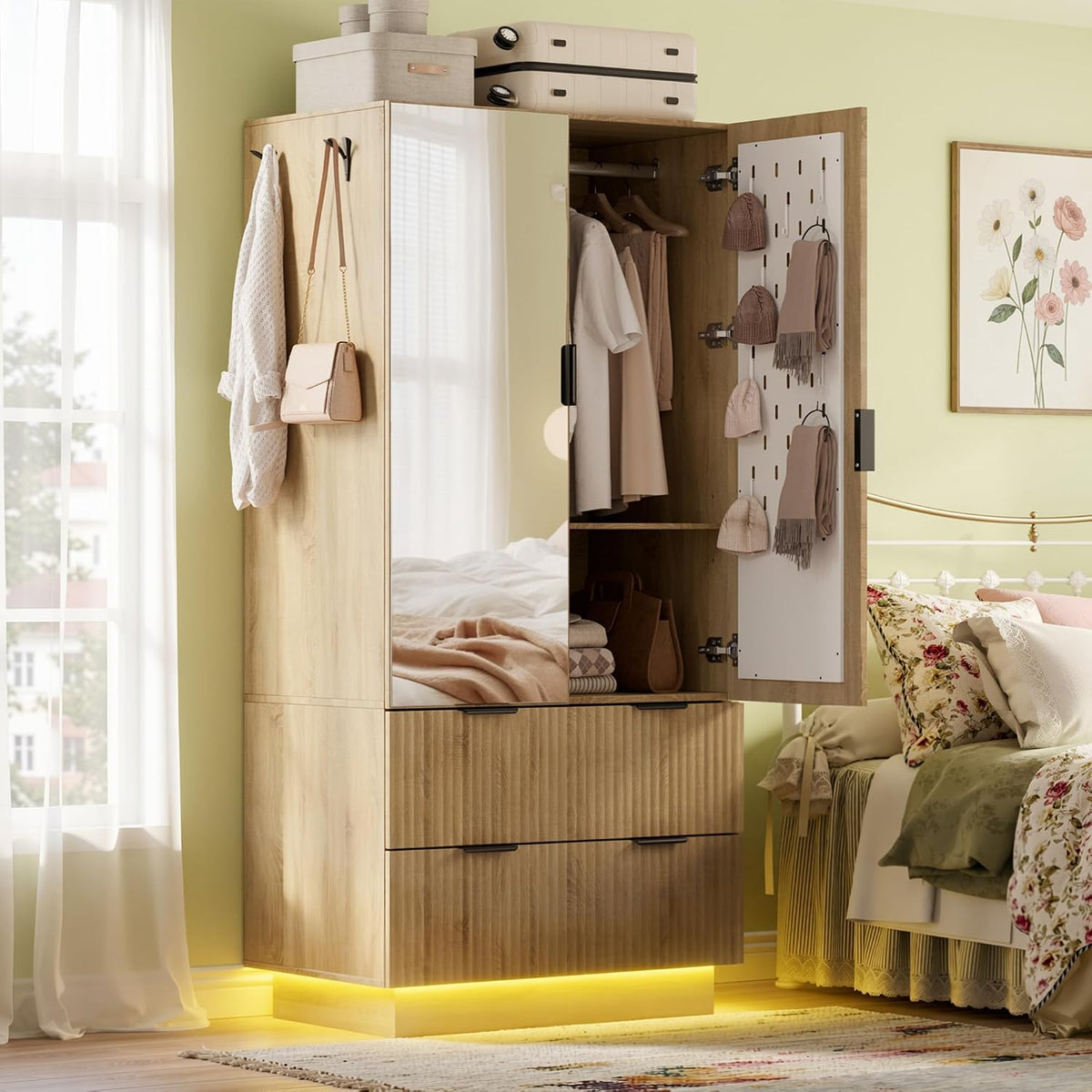 4‑Door Wardrobe with Pegboard & 2 Mirrors