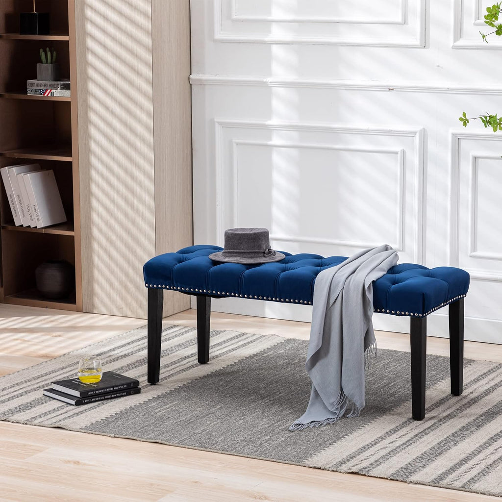 Velvet Tufted Ottoman Bench with Wood Legs