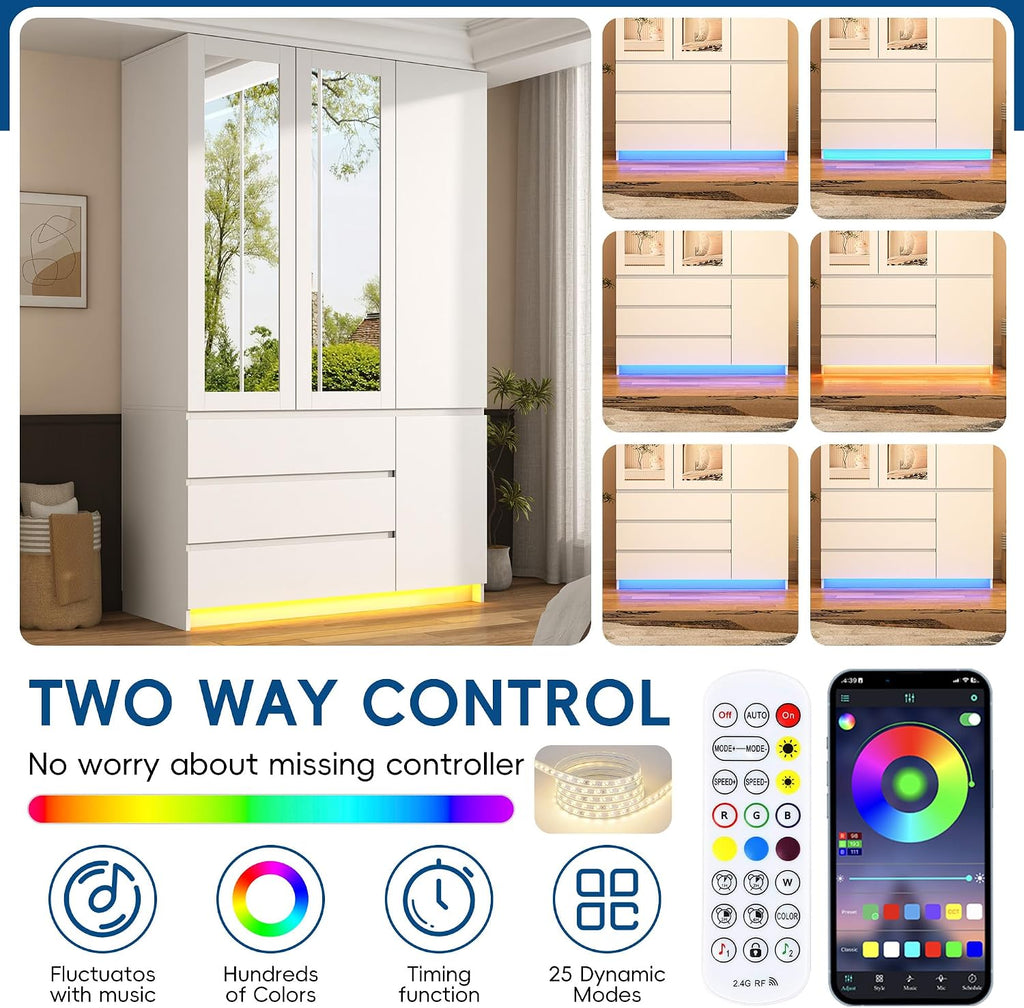75" White Wardrobe with 2 Mirrors & LED Lights