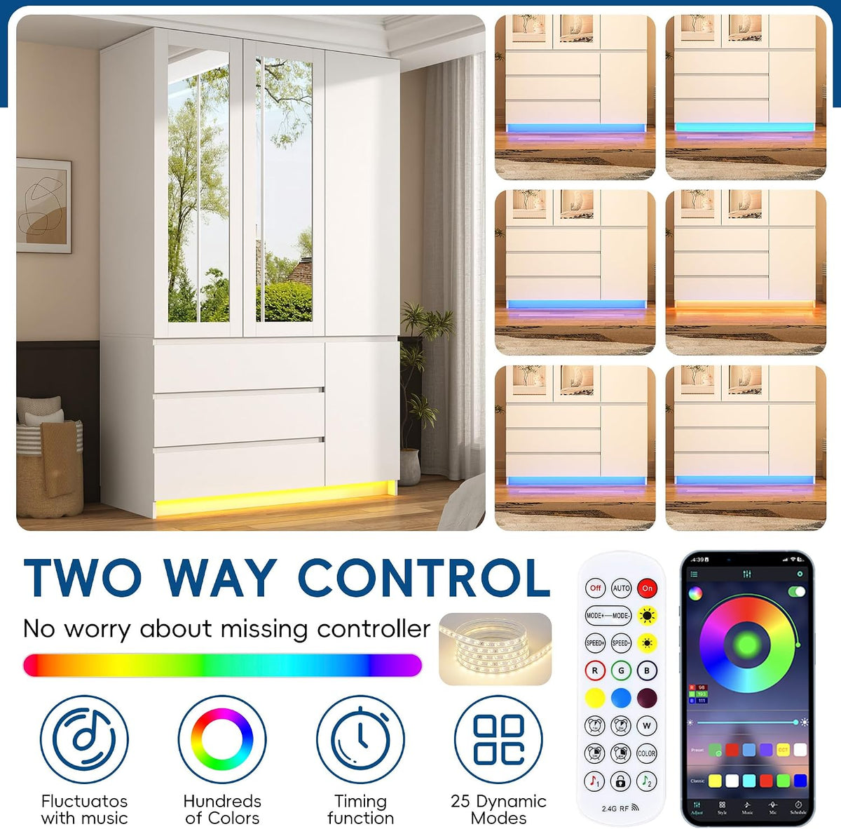75" White Wardrobe with 2 Mirrors & LED Lights