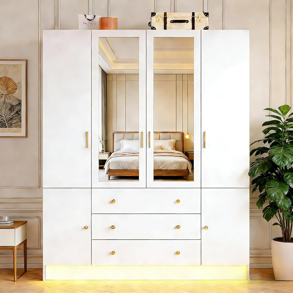 74.8" White Freestanding LED Wardrobe with Mirror & Drawers