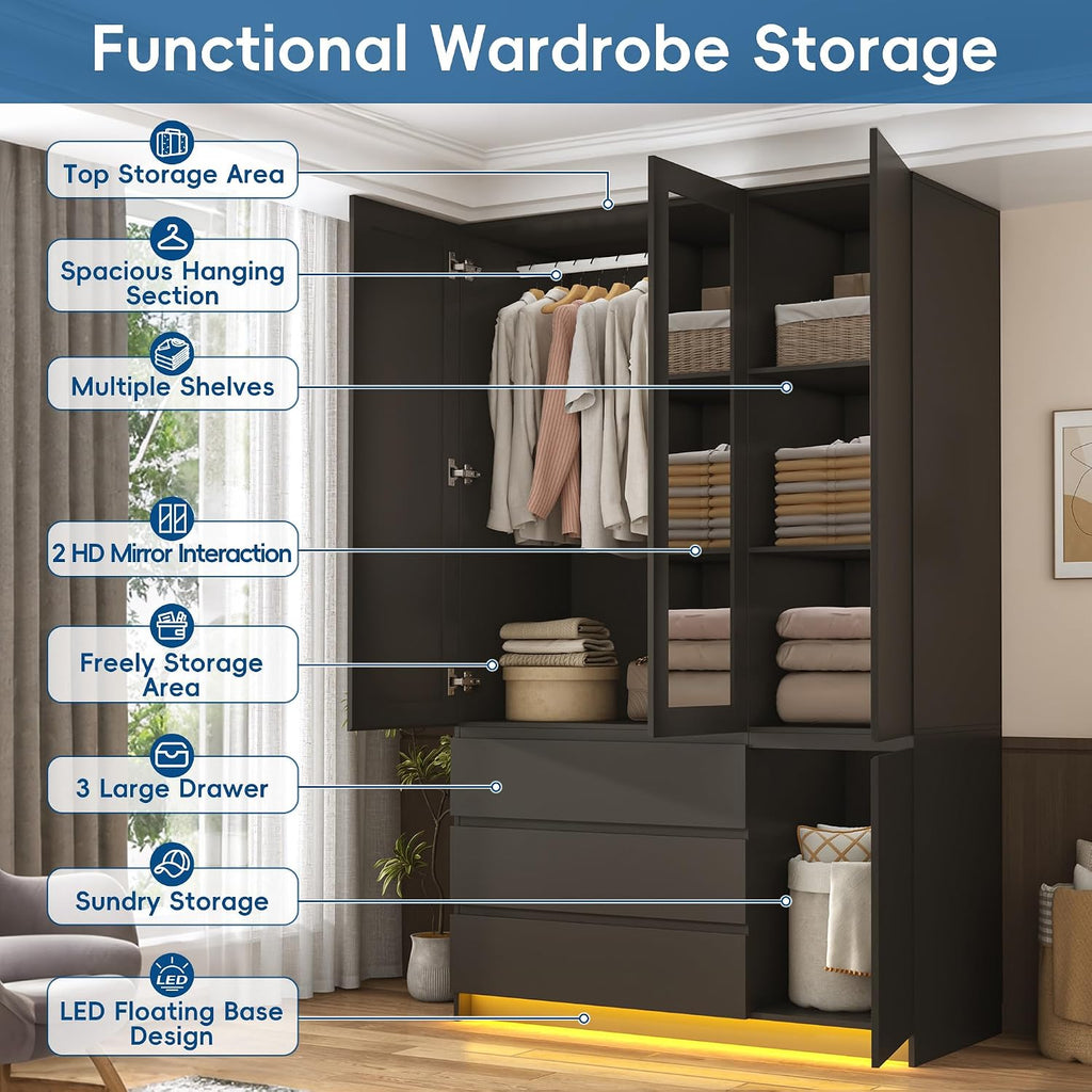 75" Black LED Wardrobe with 2 Mirrors & 3 Drawers