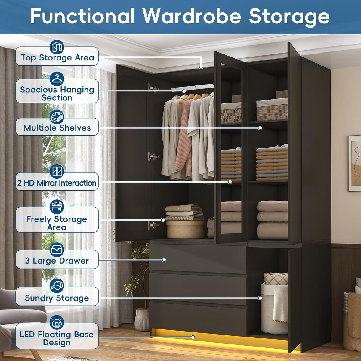 75" Black LED Wardrobe with 2 Mirrors & 3 Drawers