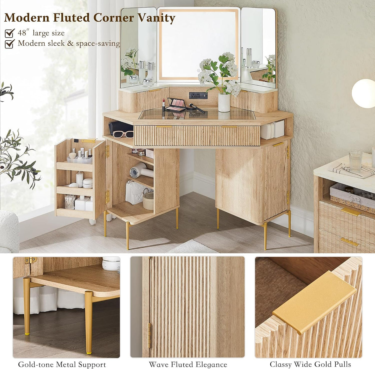 48" Corner Vanity Lighted Triple Mirror, Natural Oak