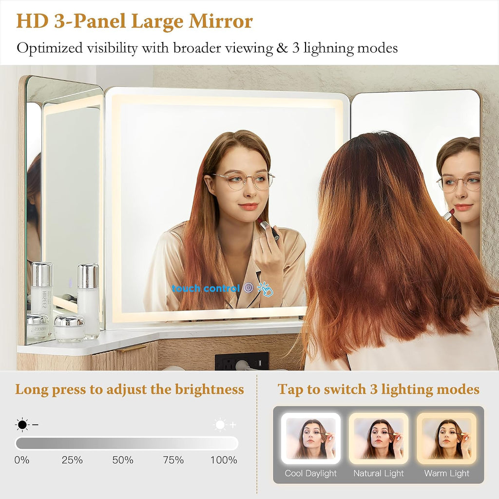 48" Corner Vanity Lighted Triple Mirror, Natural Oak