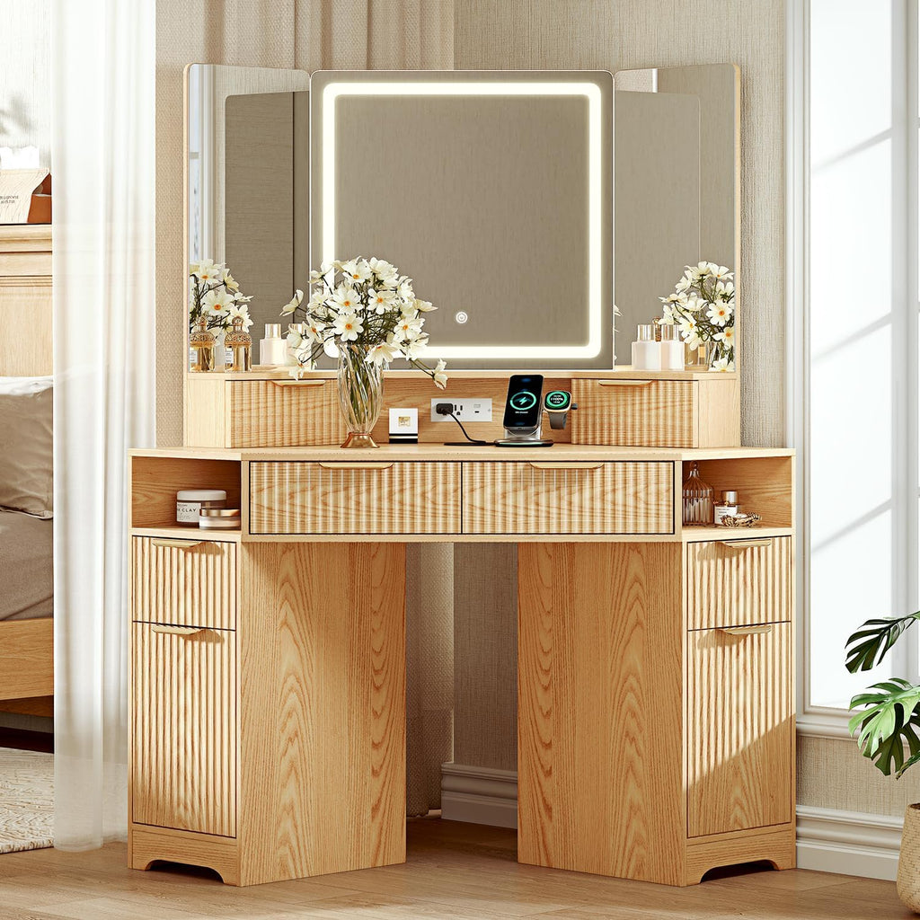 48" Oak Corner Vanity Desk With Lighted 3‑Way Mirror