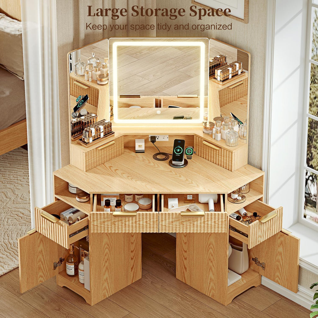 48" Oak Corner Vanity Desk With Lighted 3‑Way Mirror