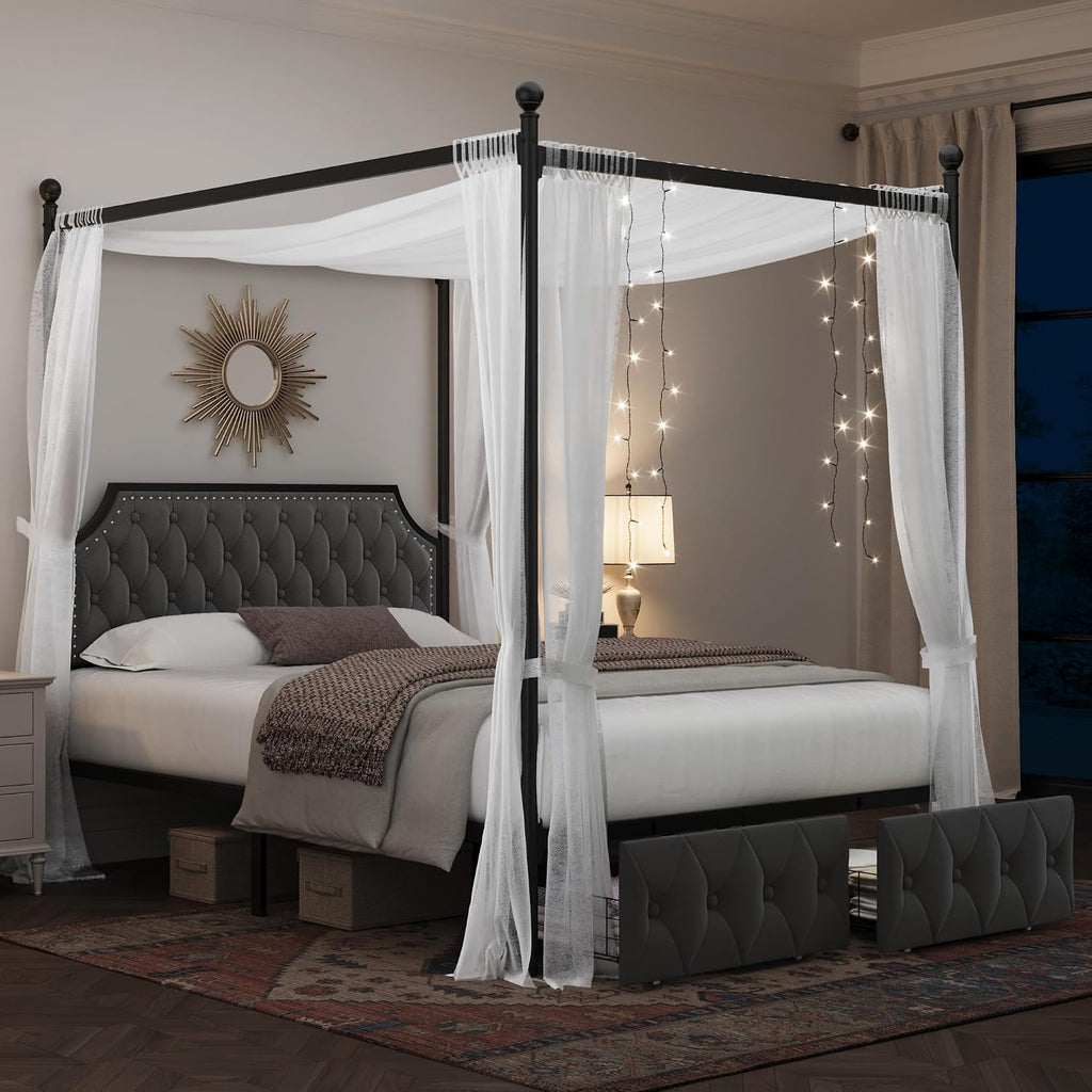 Queen Dark Grey Canopy Bed with 2 Storage Drawers