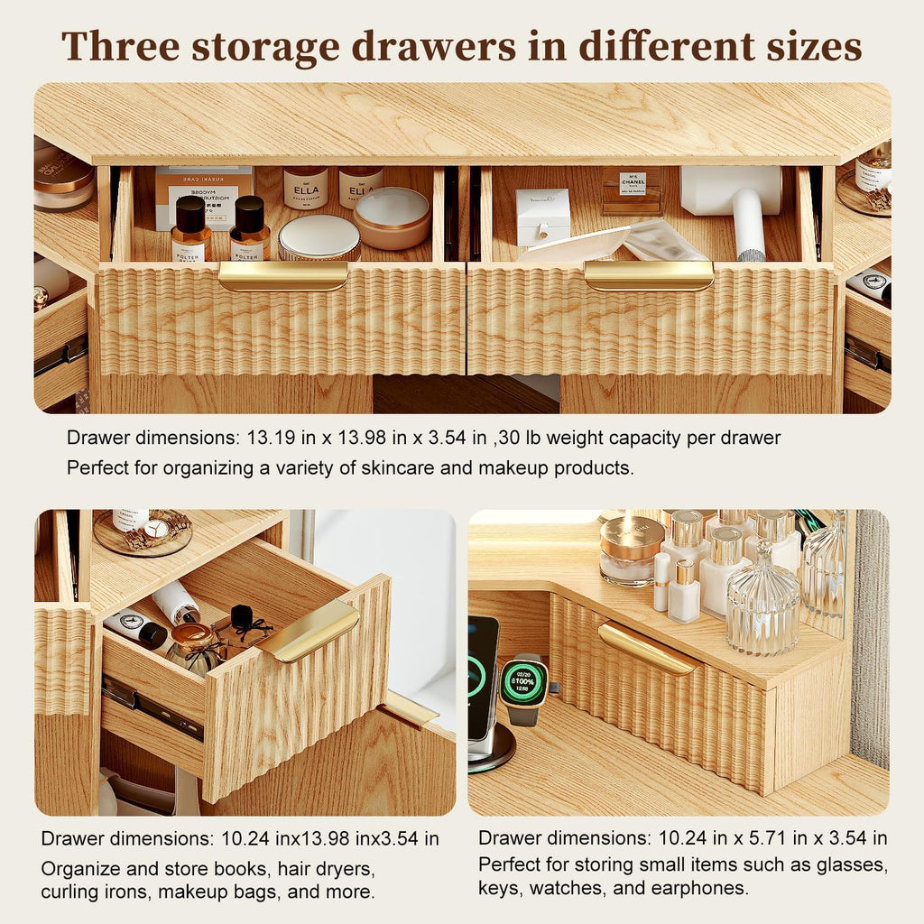 48" Oak Corner Vanity Desk With Lighted 3‑Way Mirror