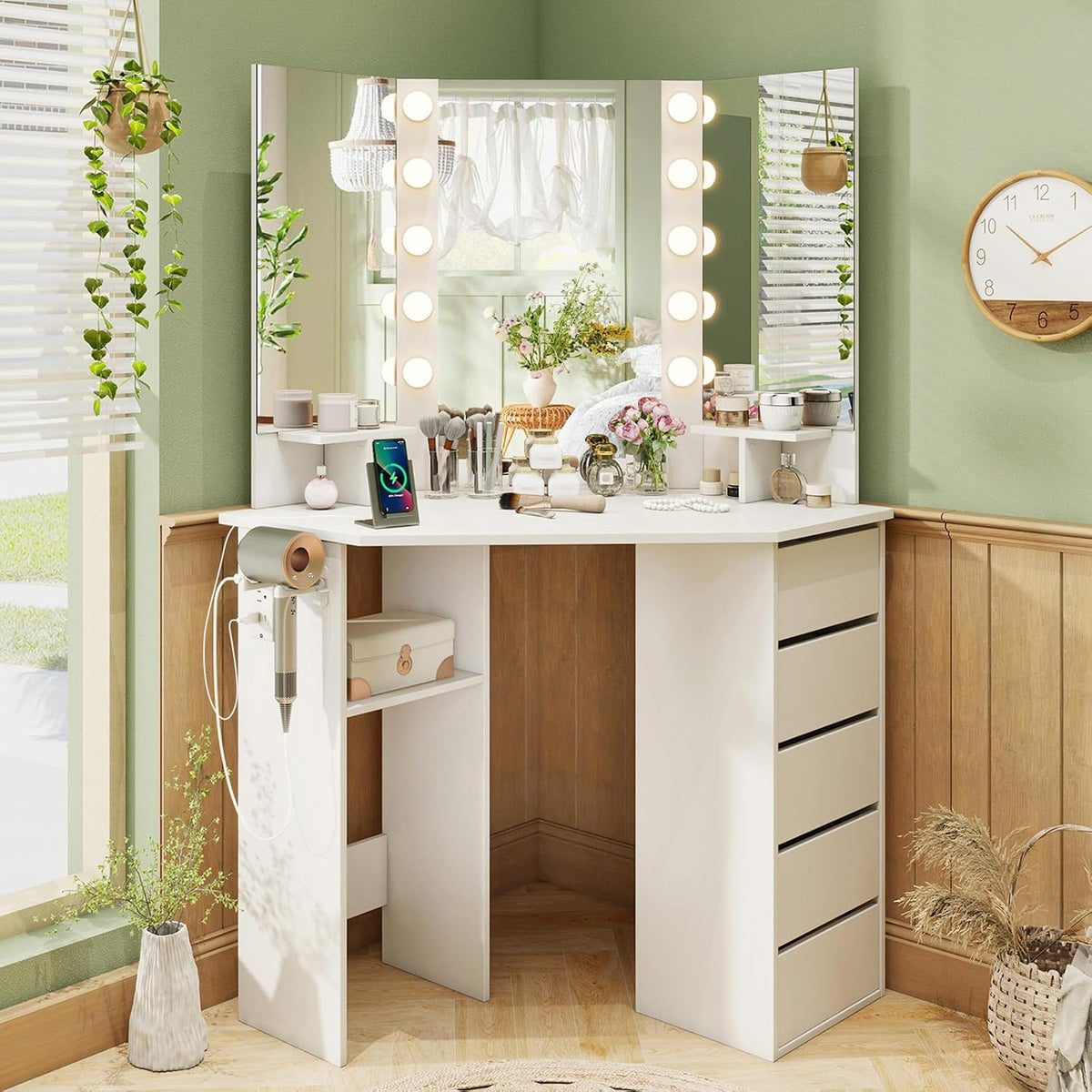 Compact Corner Lighted Vanity Desk, 5 Drawers