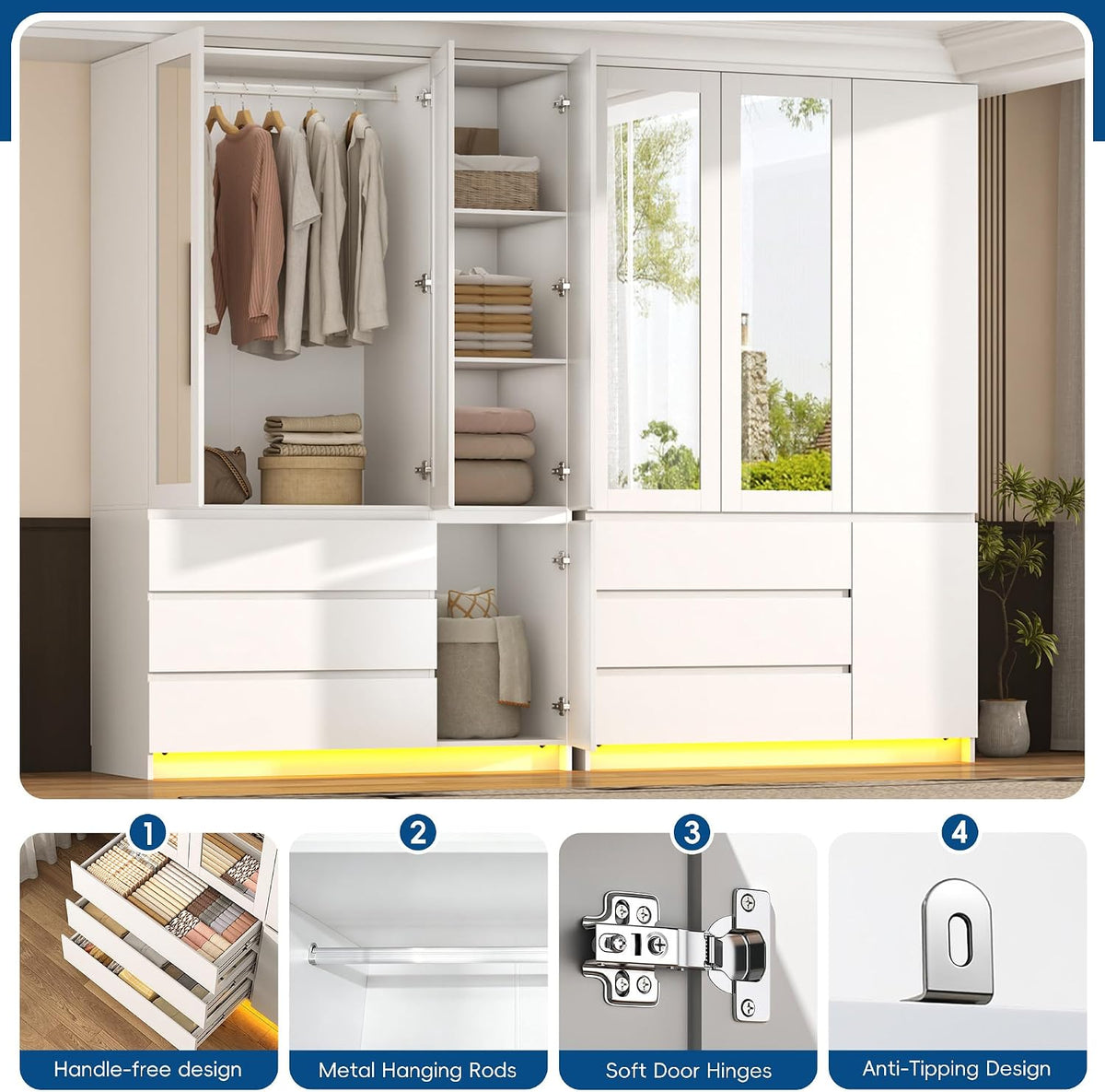 75" White Wardrobe with 2 Mirrors & LED Lights
