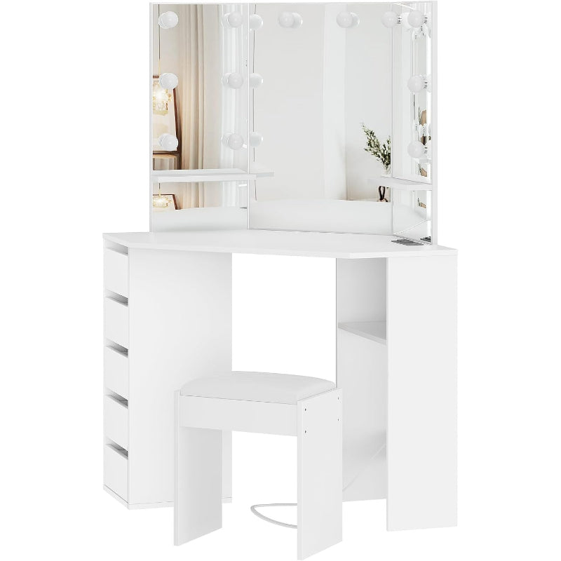 Corner Vanity & Bench, 3‑Folding Lighted Mirror