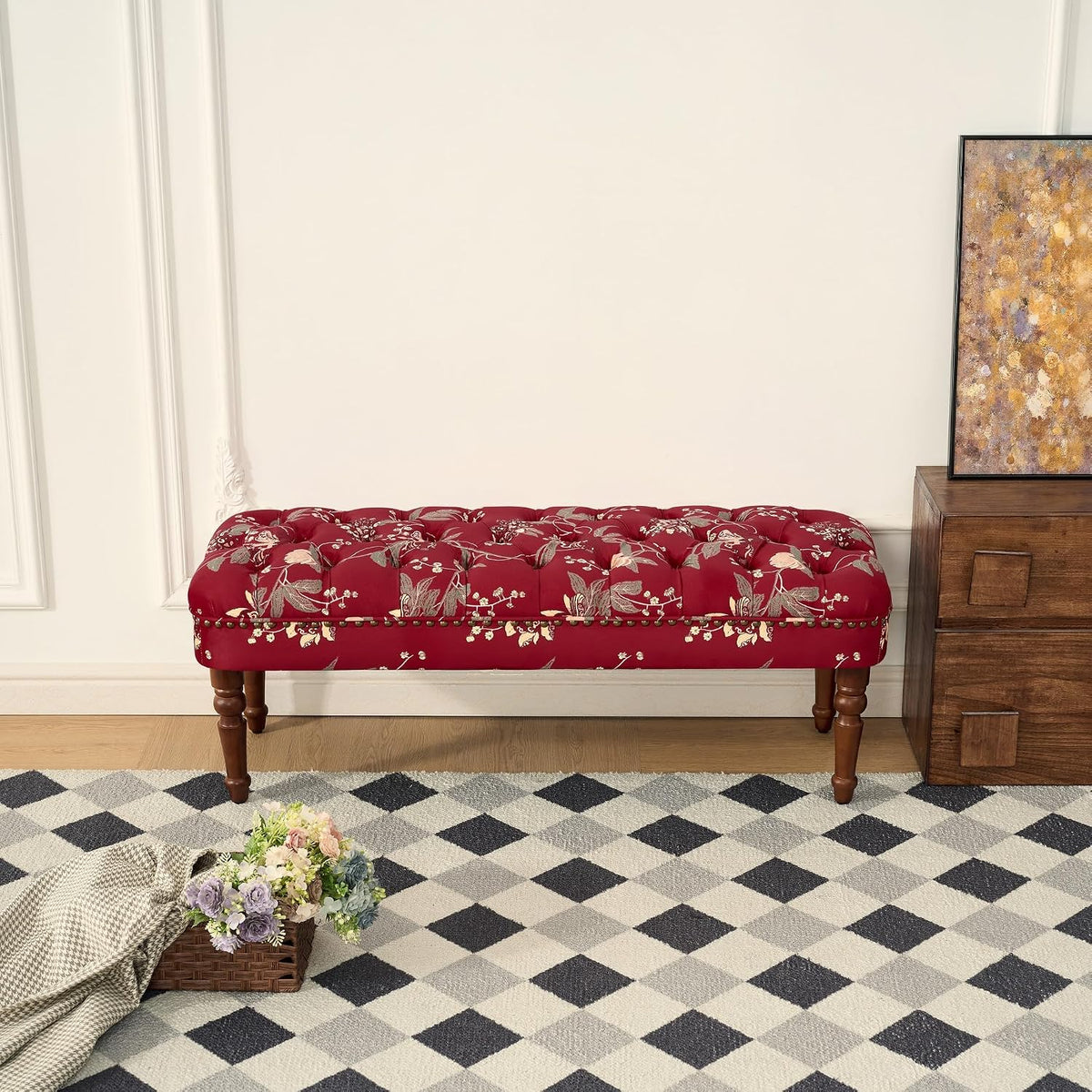 47.25" Red Floral Velvet French Victorian Bench