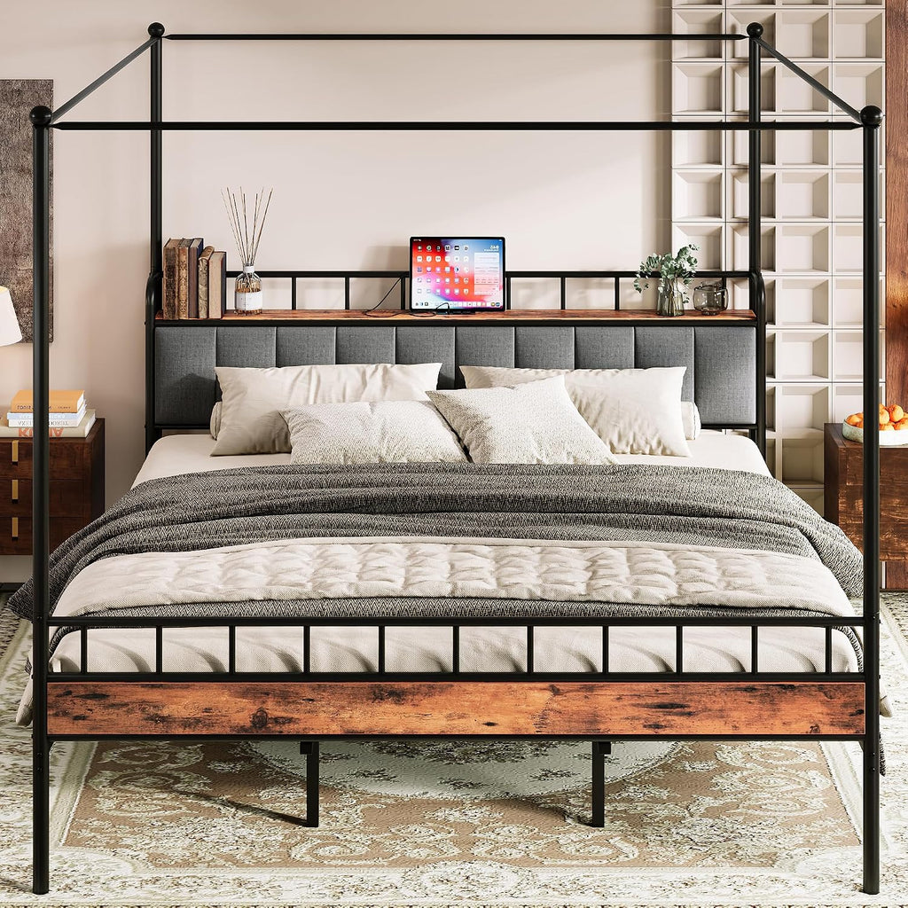 King Canopy Bed with Charging Headboard