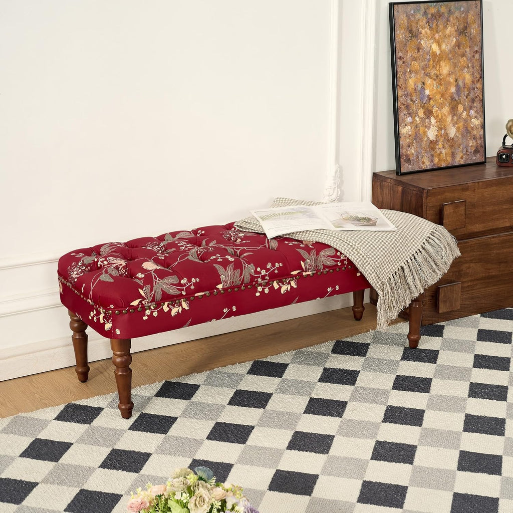 47.25" Red Floral Velvet French Victorian Bench