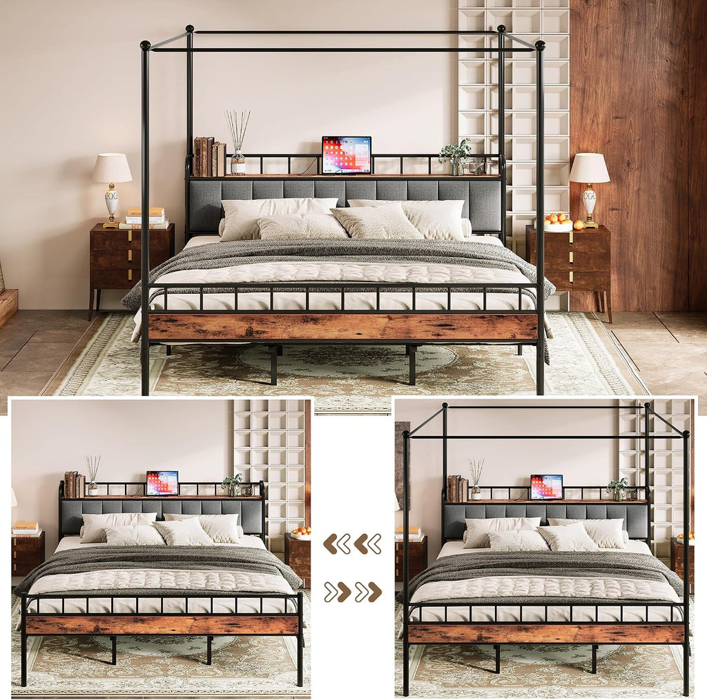 King Canopy Bed with Charging Headboard
