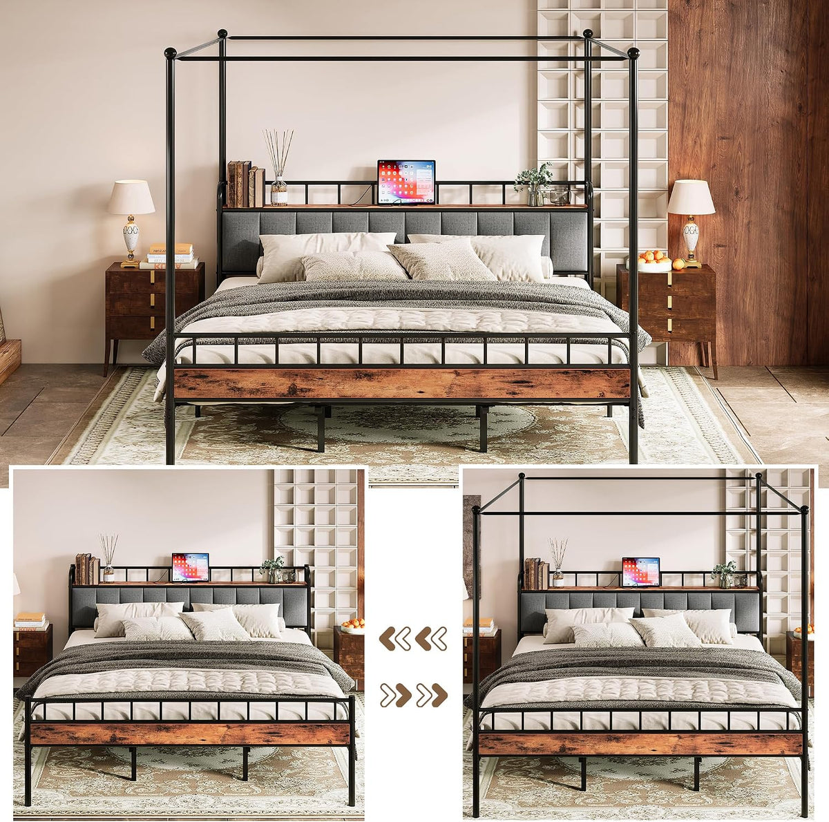 King Canopy Bed with Charging Headboard