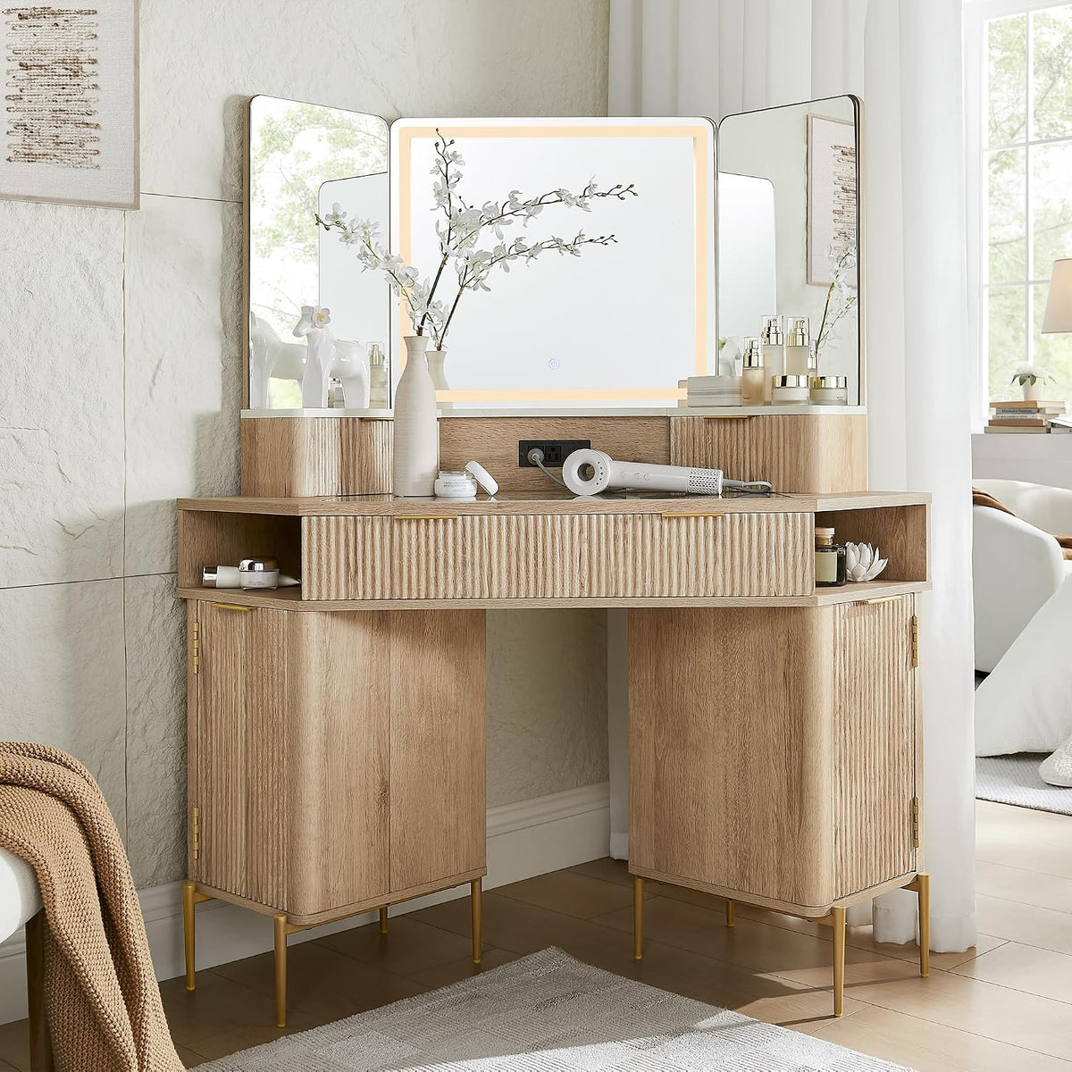 48" Corner Vanity Lighted Triple Mirror, Natural Oak