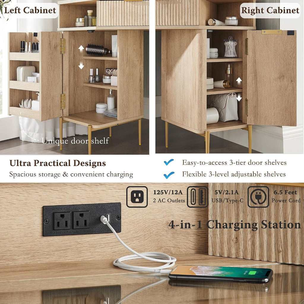 48" Corner Vanity Lighted Triple Mirror, Natural Oak