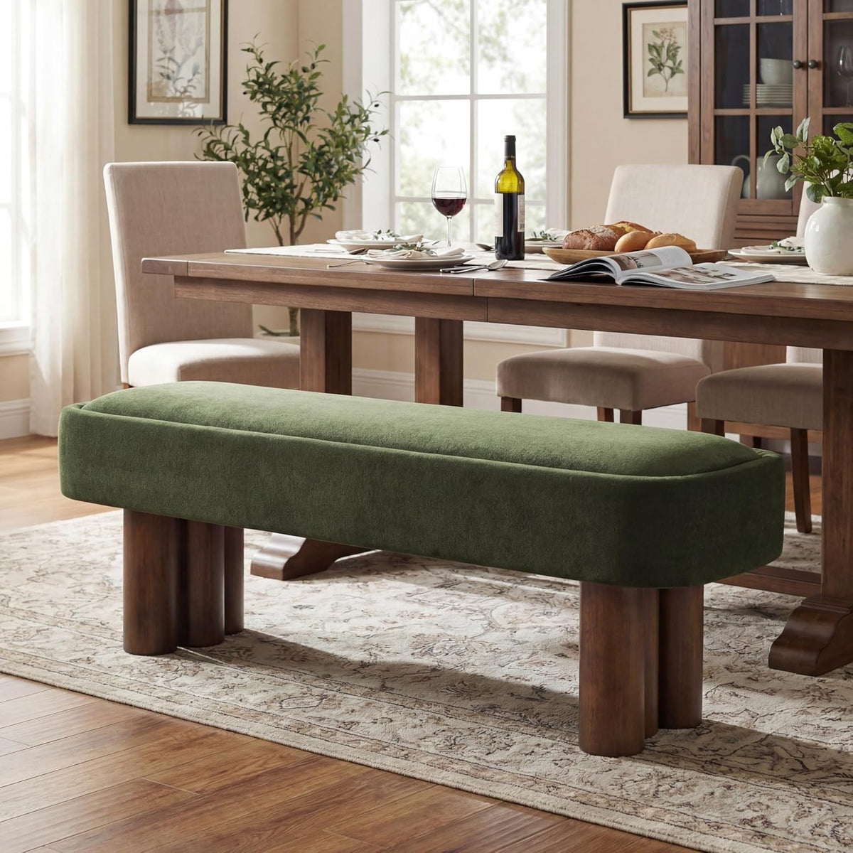 60'' Green Upholstered Dining Bench with Wood Legs
