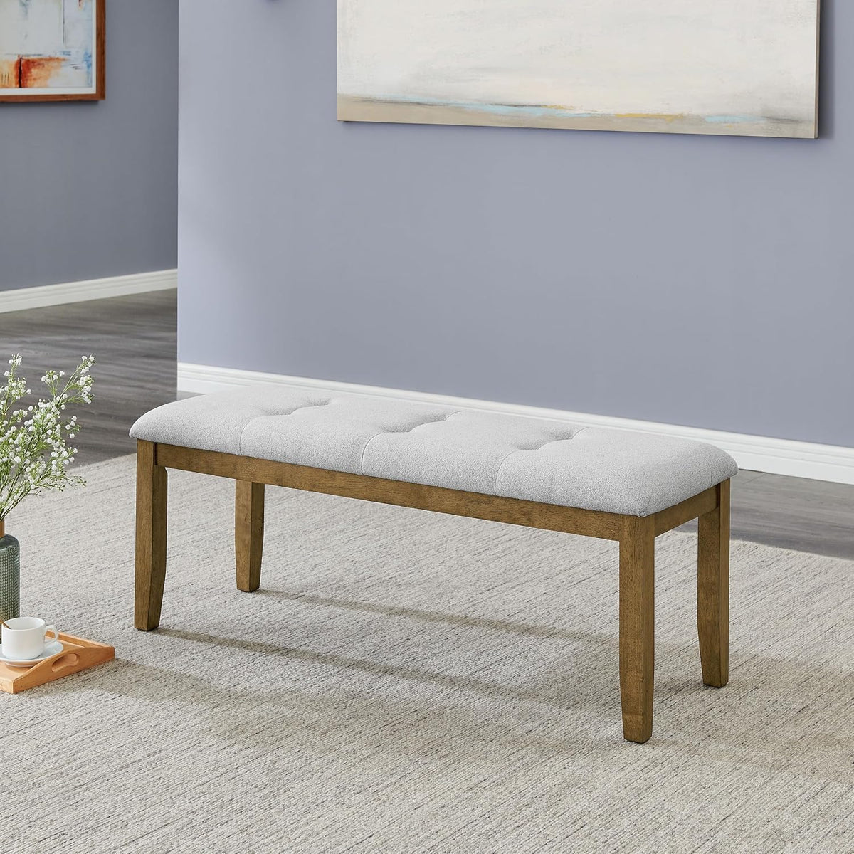 48" Brown Oak Tufted Upholstered Dining Bench